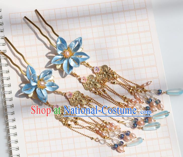 Chinese Handmade Ming Dynasty Princess Tassel Hair Stick Ancient Royal Infanta Blue Peach Blossom Hairpin