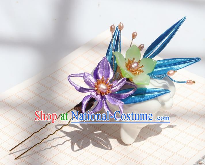 Chinese Handmade Ming Dynasty Hair Accessories Ancient Palace Princess Purple Silk Flower Hairpin