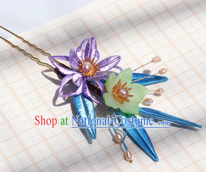 Chinese Handmade Ming Dynasty Hair Accessories Ancient Palace Princess Purple Silk Flower Hairpin