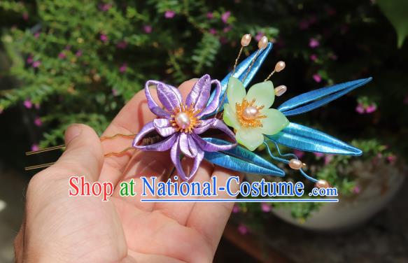 Chinese Handmade Ming Dynasty Hair Accessories Ancient Palace Princess Purple Silk Flower Hairpin