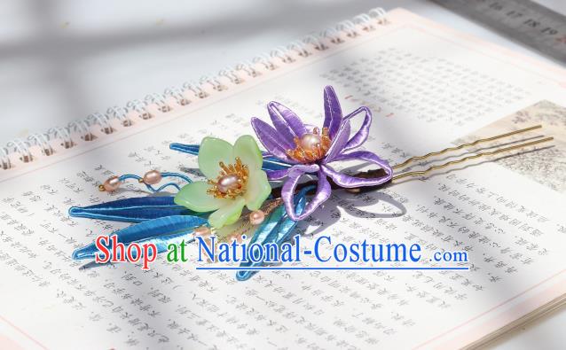 Chinese Handmade Ming Dynasty Hair Accessories Ancient Palace Princess Purple Silk Flower Hairpin