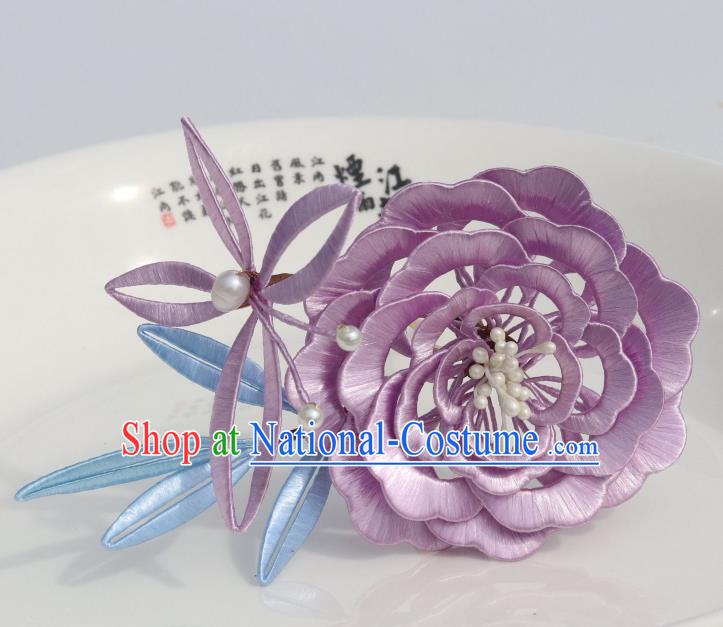 Chinese Traditional Hanfu Lilac Silk Peony Butterfly Hairpin Ancient Princess Hair Accessories