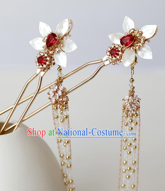 Chinese Ancient Princess Shell Flower Hairpin Traditional Ming Dynasty Golden Beads Tassel Hair Stick