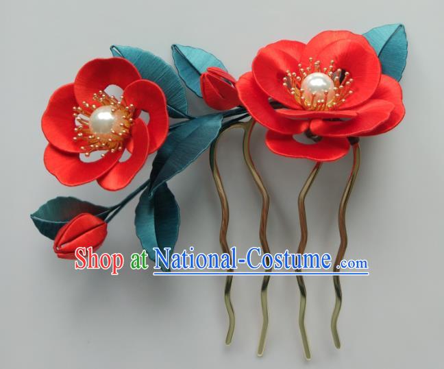 Chinese Traditional Ming Dynasty Pearls Hairpin Hair Accessories Ancient Princess Red Silk Camellia Hair Comb