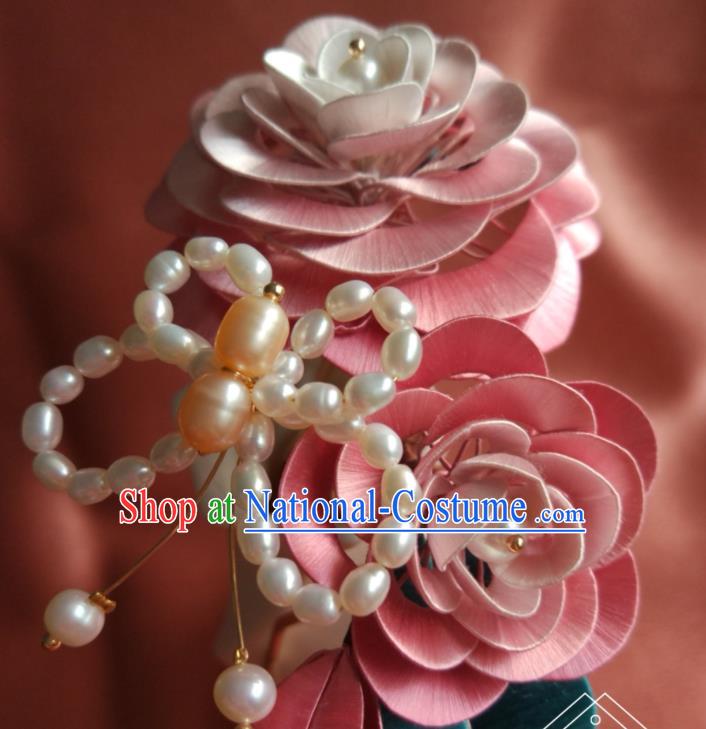 Chinese Ancient Princess Pearls Butterfly Hair Comb Traditional Ming Dynasty Hair Accessories Pink Silk Camellia Hairpin