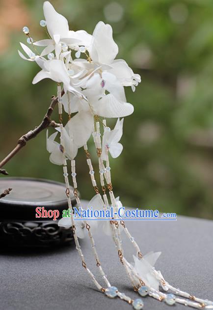 Chinese Ancient Fairy Princess White Butterfly Hairpin Traditional Hanfu Beads Tassel Hair Stick