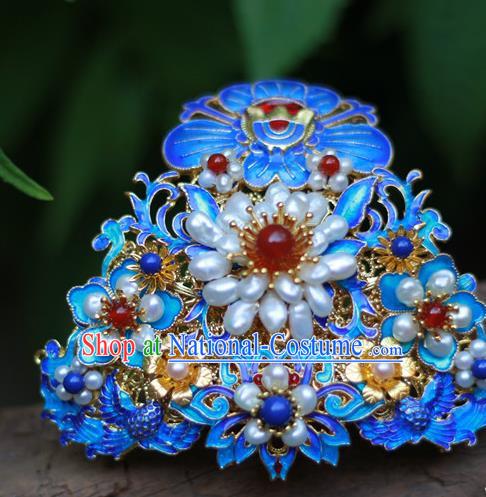 Chinese Traditional Ming Dynasty Hanfu Blueing Phoenix Peony Hair Crown Ancient Empress Pearls Hairpin