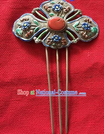 Chinese Traditional Qing Dynasty Enamel Silver Hairpin Ancient Imperial Consort Coral Peony Hair Comb