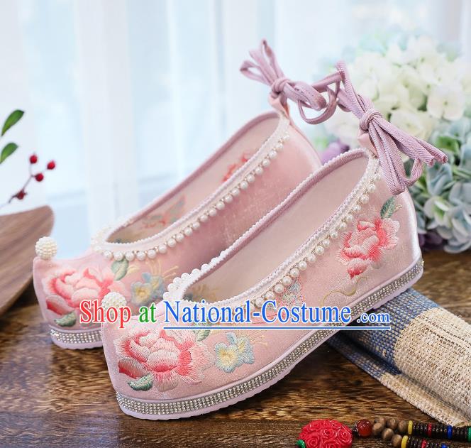 China Handmade Pink Satin Shoes National Embroidered Peony Shoes Traditional Hanfu Pearls Shoes