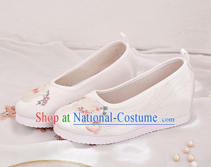 China Traditional Hanfu White Satin Shoes Handmade Ancient Princess Shoes National Embroidered Phoenix Shoes