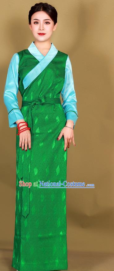 China Xizang Ethnic Woman Clothing Traditional Tibetan Green Bola Dress Zang Minority Costume