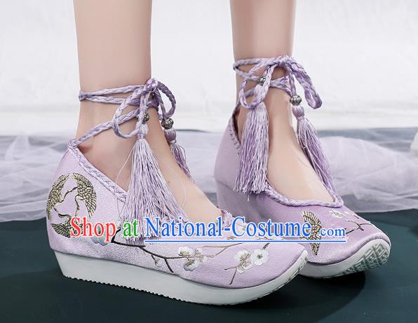 China Ancient Princess Embroidered Shoes National Lilac Satin Shoes Traditional Hanfu Shoes