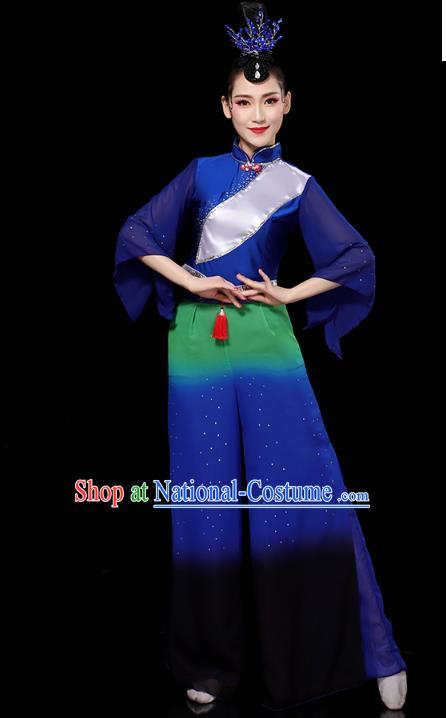 China Folk Dance Deep Blue Outfits Yangko Dance Performance Clothing Traditional Fan Dance Costume