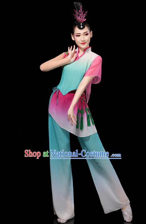 China Folk Dance Performance Blue Outfits Yangko Dance Clothing Traditional Fan Dance Costume