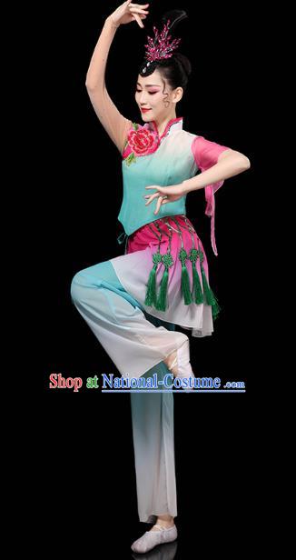 China Folk Dance Performance Blue Outfits Yangko Dance Clothing Traditional Fan Dance Costume