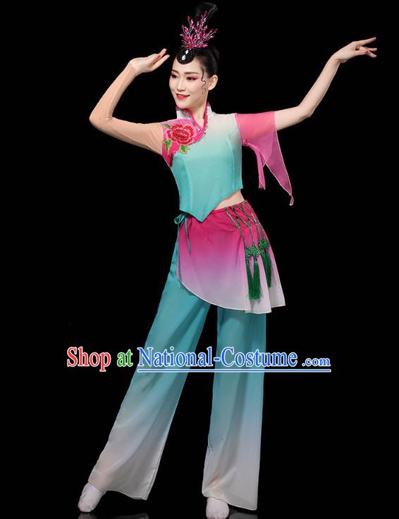 China Folk Dance Performance Blue Outfits Yangko Dance Clothing Traditional Fan Dance Costume