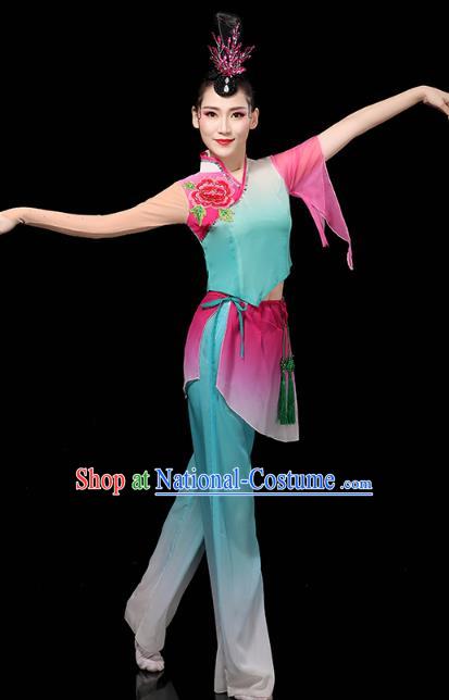 China Folk Dance Performance Blue Outfits Yangko Dance Clothing Traditional Fan Dance Costume