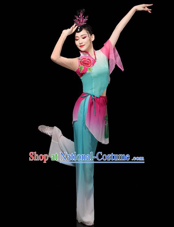 China Folk Dance Performance Blue Outfits Yangko Dance Clothing Traditional Fan Dance Costume