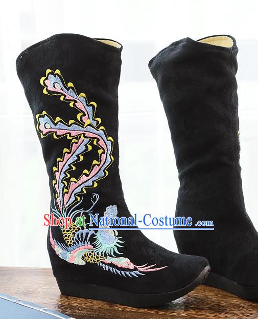 Chinese Traditional Hanfu Swordsman Black Cloth Boots National Embroidered Phoenix Shoes