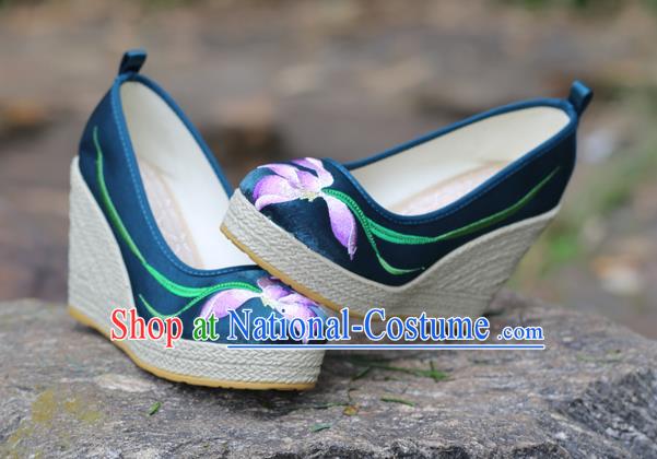 Chinese Yunnan Ethnic Folk Dance Wedge Heel Shoes National Embroidered Orchids Navy Satin Shoes