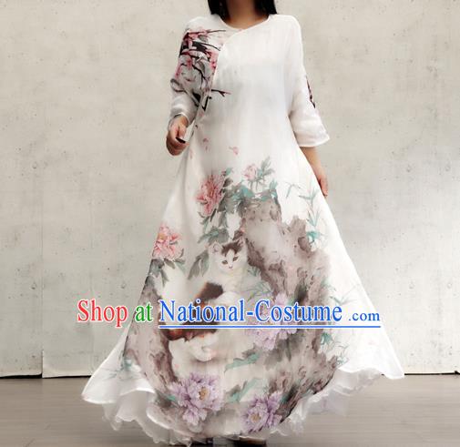 Chinese Traditional National Woman Costume Printing Peony Cat White Flax Qipao Dress