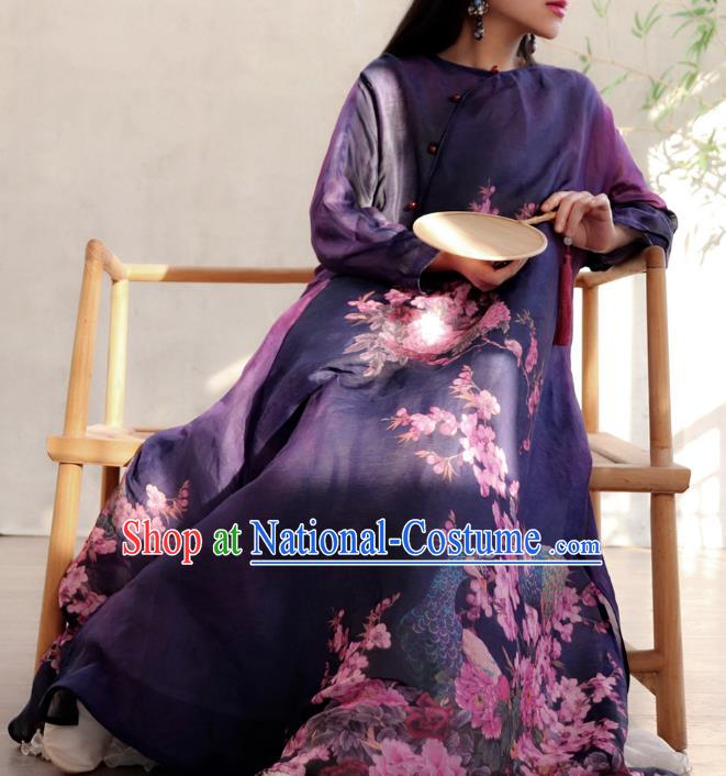 Chinese Traditional Slant Opening Qipao Dress National Printing Peacock Peony Purple Cheongsam Woman Costume