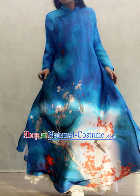 Chinese Traditional Printing Plum Blossom Qipao Dress Woman Costume National Stand Collar Blue Cheongsam