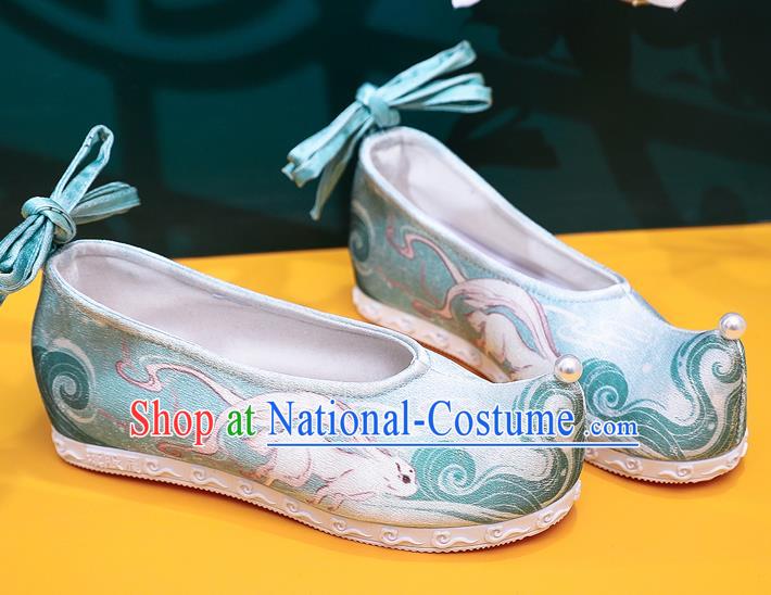 China Traditional Hanfu Bow Shoes Printing Green Satin Shoes Handmade Ancinet Ming Dynasty Princess Shoes