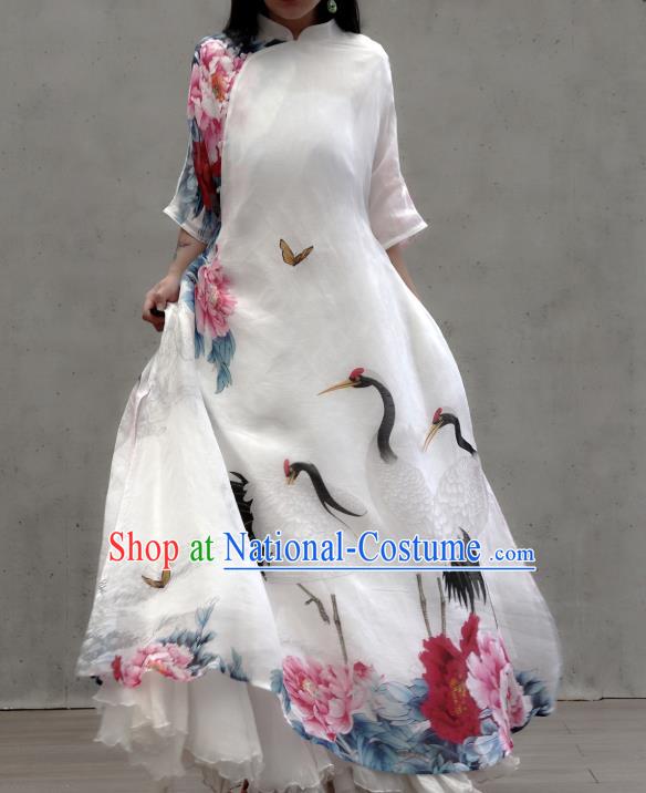 Chinese Traditional Tang Suit White Qipao Dress Woman Costume National Printing Crane Peony Cheongsam