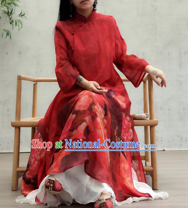 Chinese National Tang Suit Cheongsam Female Costume Traditional Printing Peacock Peony Red Qipao Dress