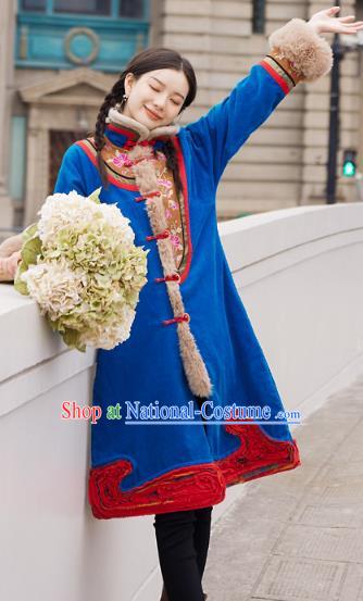 Chinese Traditional National Winter Costume Tang Suit Blue Greatcoat Embroidered Outer Garment