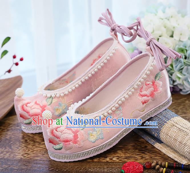 China National Embroidered Peony Shoes Handmade Pink Satin Shoes Traditional Hanfu Pearls Shoes