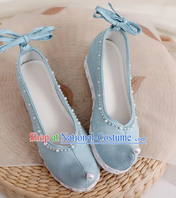 China National Blue Cloth Bow Shoes Traditional Ming Dynasty Princess Shoes Handmade Hanfu Pearls Shoes