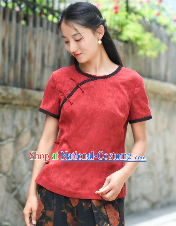 Chinese Traditional Red Silk Shirt Clothing Tang Suit Blouse National Woman Upper Outer Garment