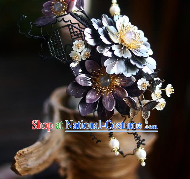 Chinese Ancient Princess Shell Peony Hairpin Traditional Ming Dynasty Court Butterfly Flowers Hair Stick