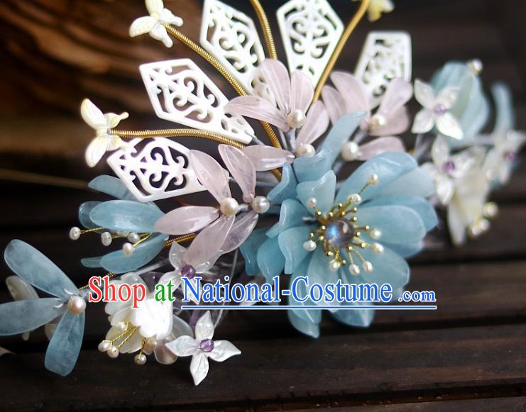 Chinese Ancient Empress Shell Hairpin Traditional Song Dynasty Court Aquamarine Chrysanthemum Hair Crown