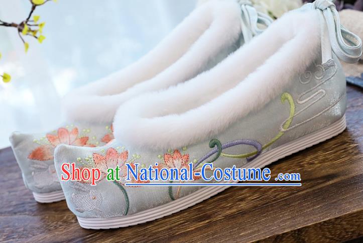 China National Embroidered Lotus Shoes Traditional Light Blue Satin Shoes Handmade Ming Dynasty Winter Bow Shoes