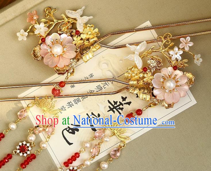 Chinese Ancient Queen Tassel Hairpin Traditional Ming Dynasty Empress Pink Peach Blossom Hair Stick