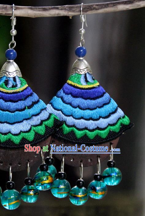 Chinese Yannan Ethnic Woman Earrings Handmade Embroidered Blue Ear Jewelry National Ear Accessories