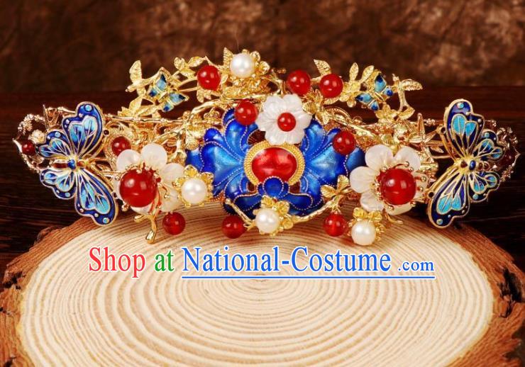 Chinese Ancient Court Queen Shell Plum Hairpin Traditional Ming Dynasty Blueing Peony Hair Crown