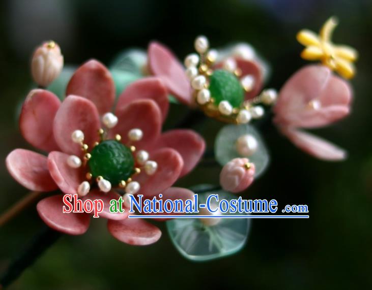 Chinese Ancient Princess Red Lotus Hairpin Traditional Song Dynasty Jade Pearls Hair Stick