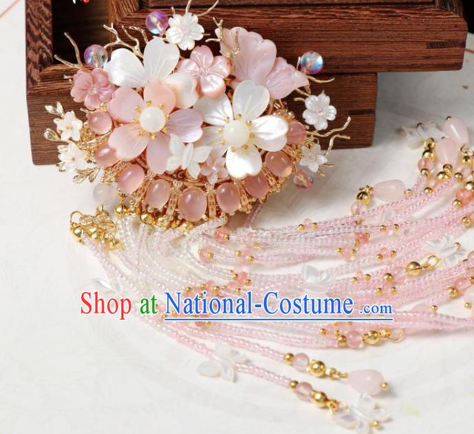 Chinese Ancient Palace Princess Pink Beads Tassel Hairpin Traditional Ming Dynasty Peach Blossom Hair Claw