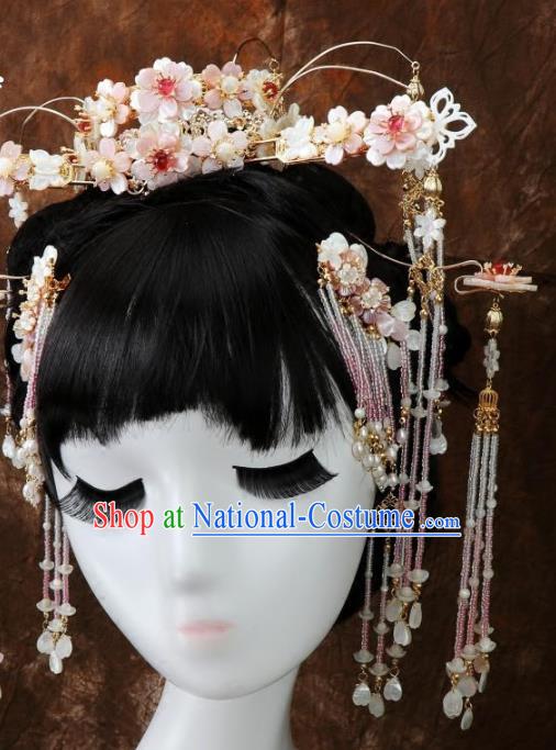 Chinese Ancient Princess Hair Accessories Hairpin Traditional Tang Dynasty Shell Flowers Tassel Hair Crown