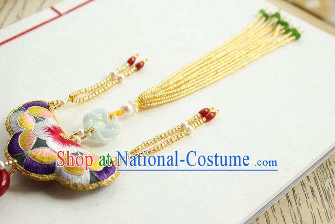 Chinese National Beads Tassel Jade Pendant Classical Qipao Dress Embroidered Sachet Brooch