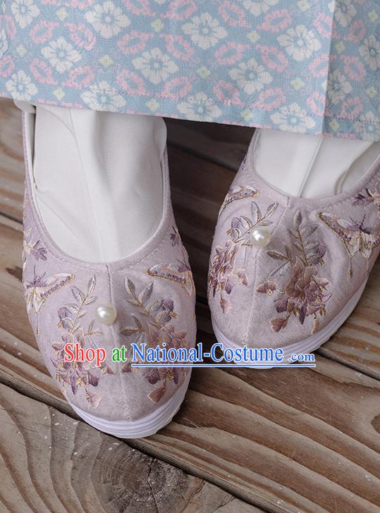 Chinese Embroidered Wisteria Butterfly Shoes Handmade Lilac Cloth Shoes Traditional Hanfu Shoes