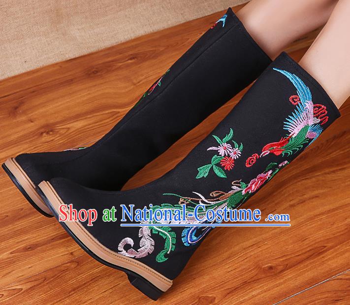 China National Winter Black Boots Traditional Embroidered Phoenix Peony Shoes