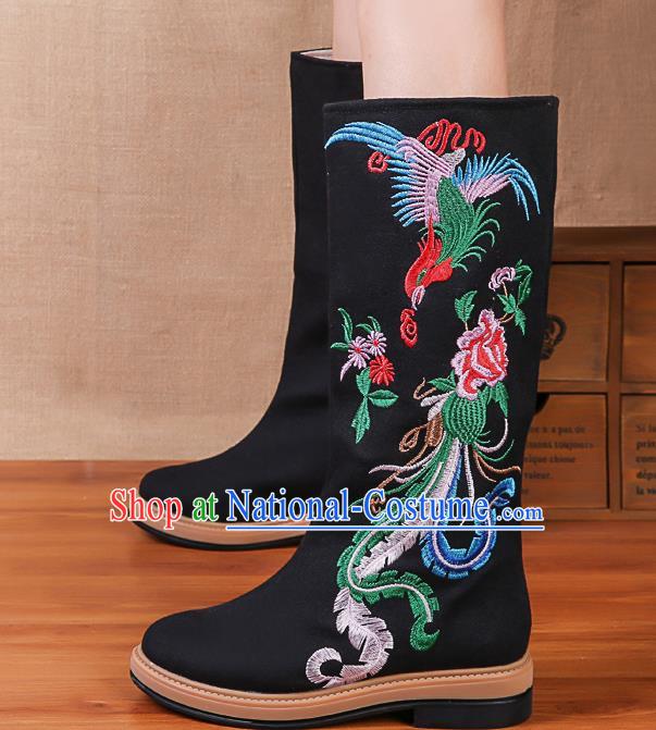 China National Winter Black Boots Traditional Embroidered Phoenix Peony Shoes