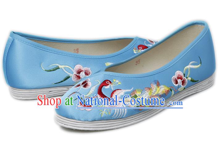 China Traditional Stage Performance Shoes National Embroidered Phoenix Blue Satin Boots