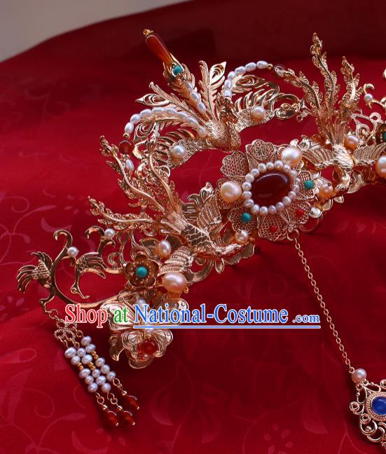 China Ancient Empress Phoenix Coronet Traditional Ming Dynasty Wedding Pearls Phoenix Hair Crown