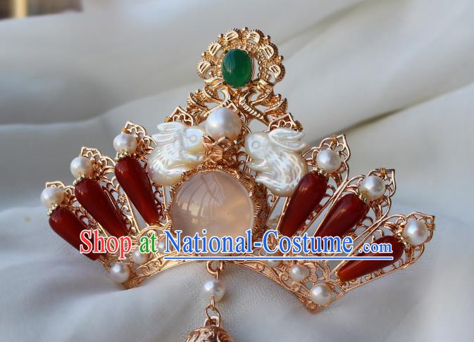 China Ancient Princess Shell Rabbit Hairpin Traditional Ming Dynasty Hanfu Agate Hair Crown